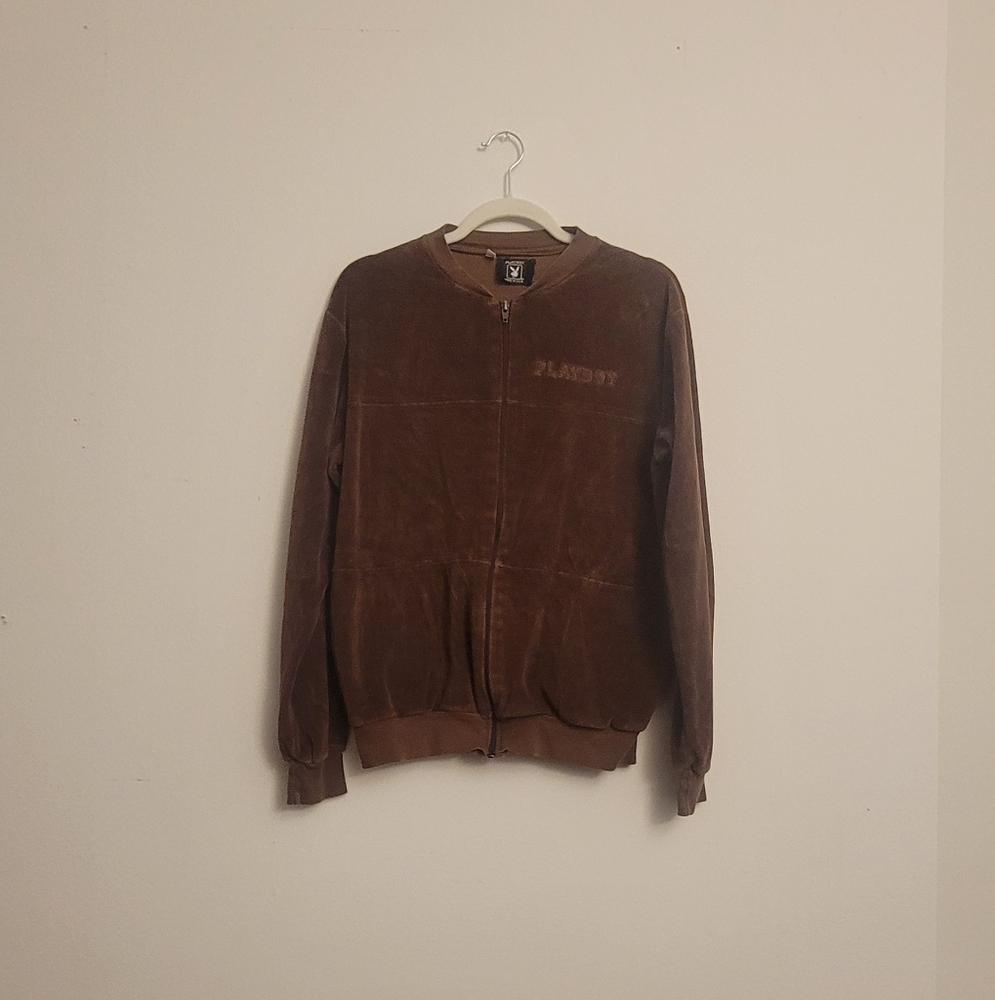 brown velvet Playboy zip-up sweater